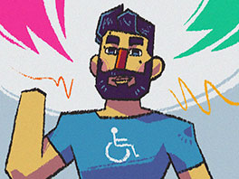 Ilustração de um estudante branco sem uma mão vestindo uma camisa azul com o ícone da acessibilidade.
