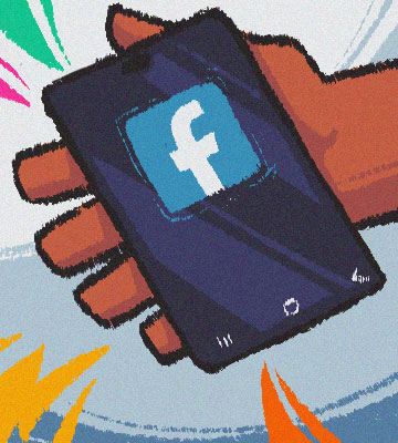Ilustração de mão segurando um celular. Na tela, o ícone do Facebook.
