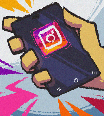 Ilustração de mão segurando um celular. Na tela, o ícone do Instagram.