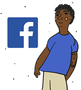 Ilustração de um estudante moreno usando óculos escuros segurando o ícone do Facebook.