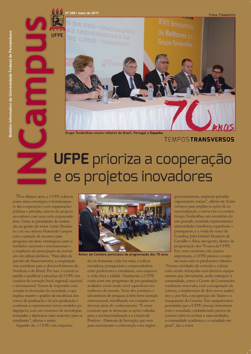 Capa da edição do Incampus de maio de 2015, comemorativa dos 70 anos da UFPE, com imagens de encontro do Grupo Tordesilhas