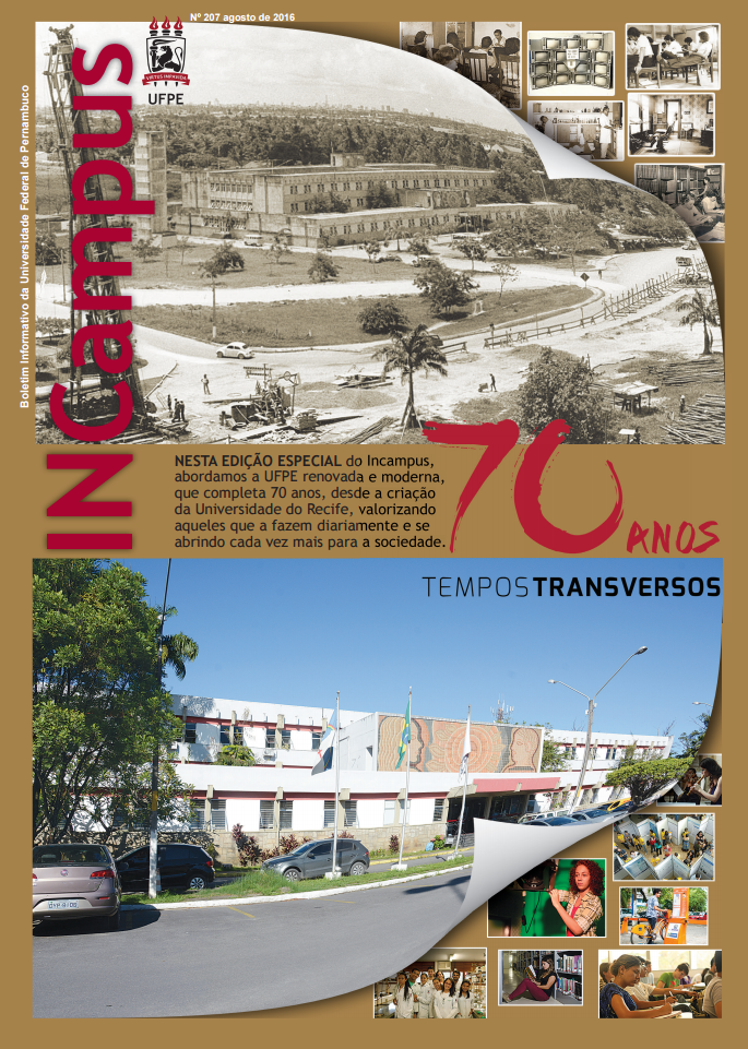 Capa do Informativo INCampus Edição Especial 70 anos com fotos antigas do campus e fotos novas